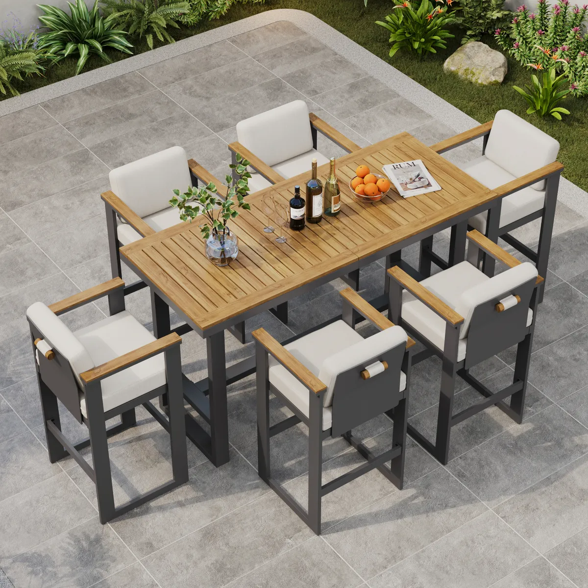 Tevara Outdoor Aluminum Frame & Teak Wood Armrest Bar Stools — image 22