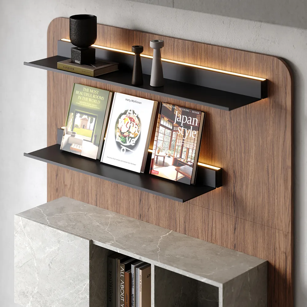 5-Tier Modern Walnut Floating Bookshelf with Storage and LED Bookcase — image 8