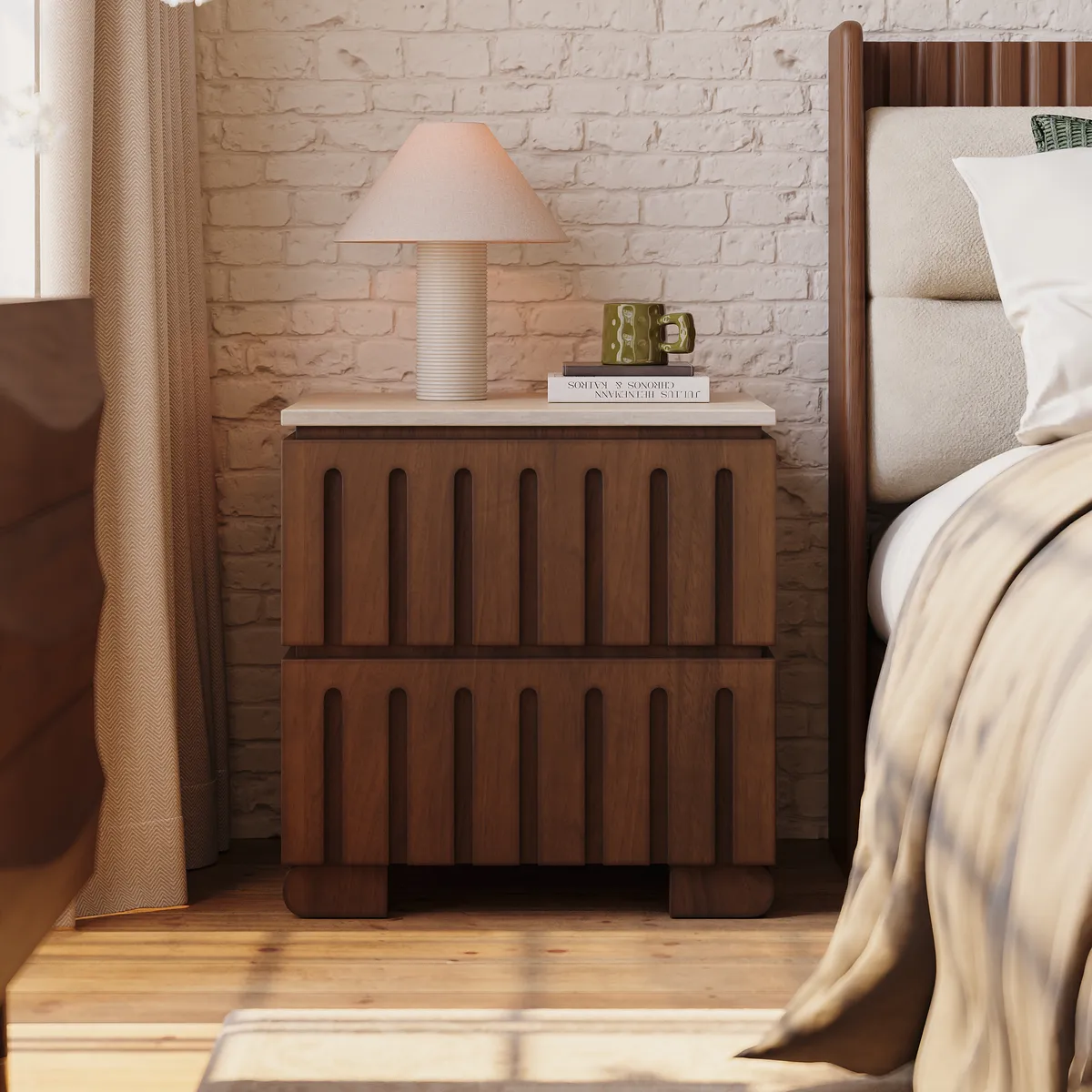 Modern Ash Wood 2-Drawer Nightstand with Faux Travertine Top — image 2