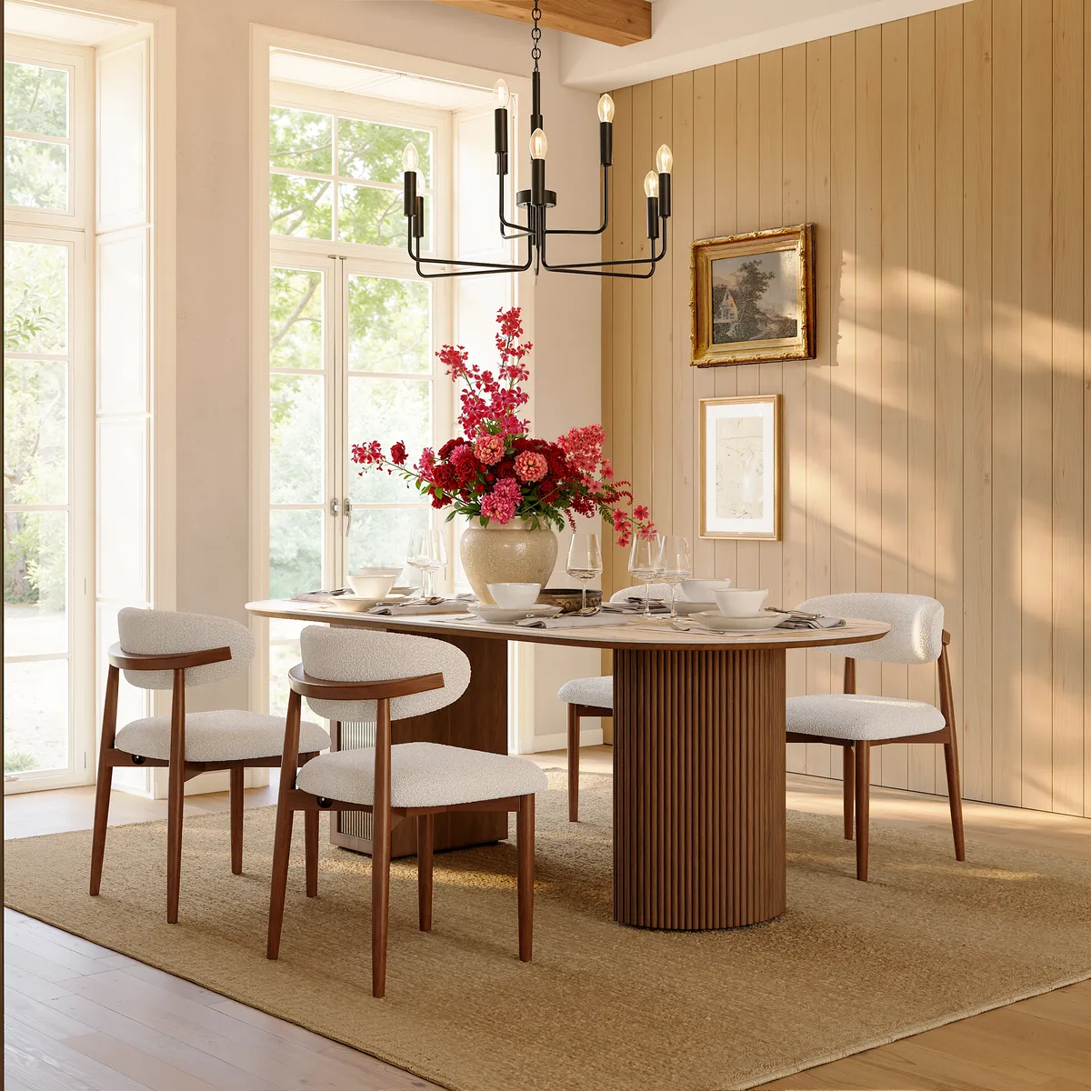 71" Faux Travertine Oval Dining Table with Fluted Base & Storage — image 5