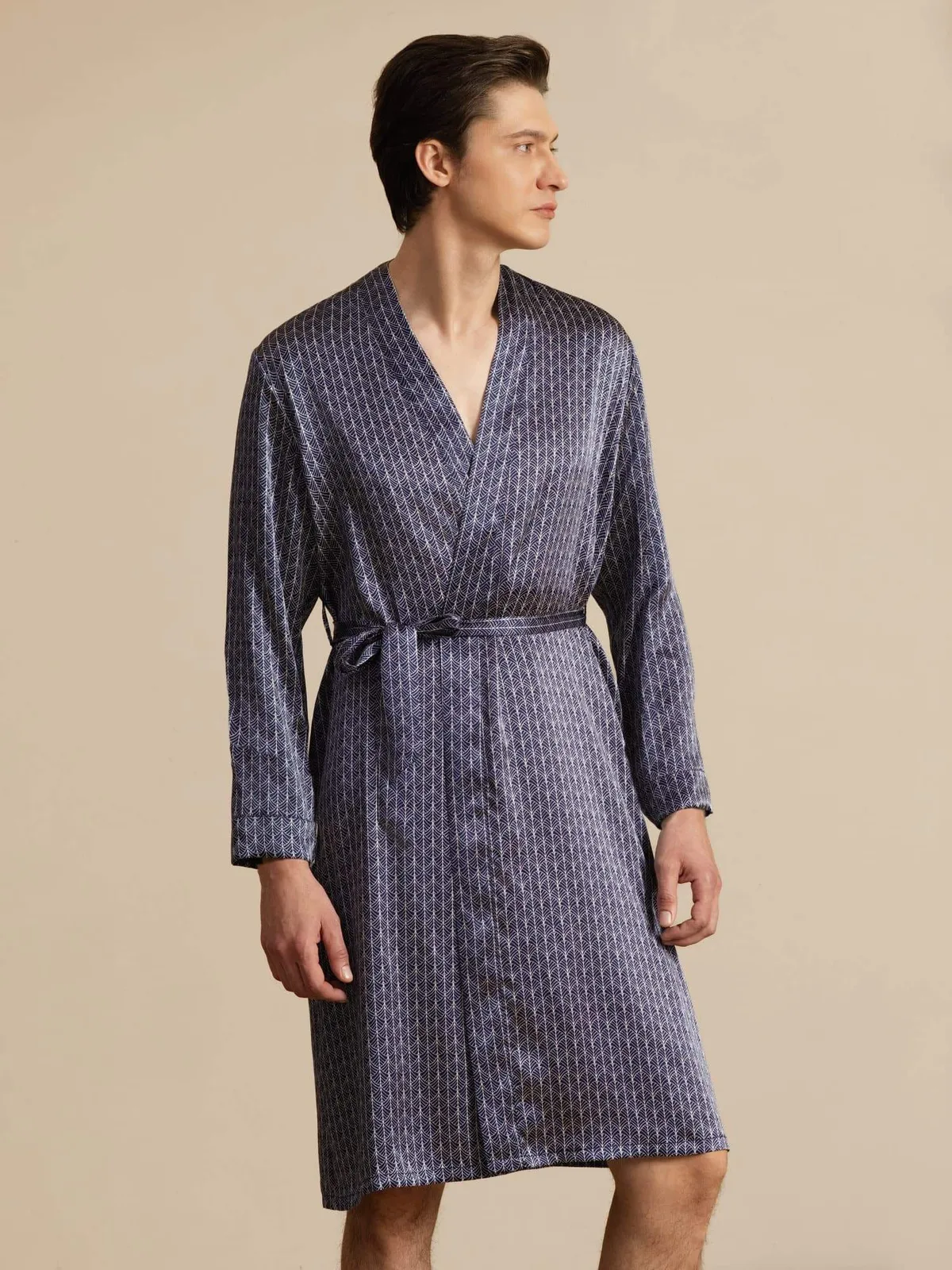 100% Mulberry Silk Men’s Knee Length Ginkgo Printed Robe With Belted Design