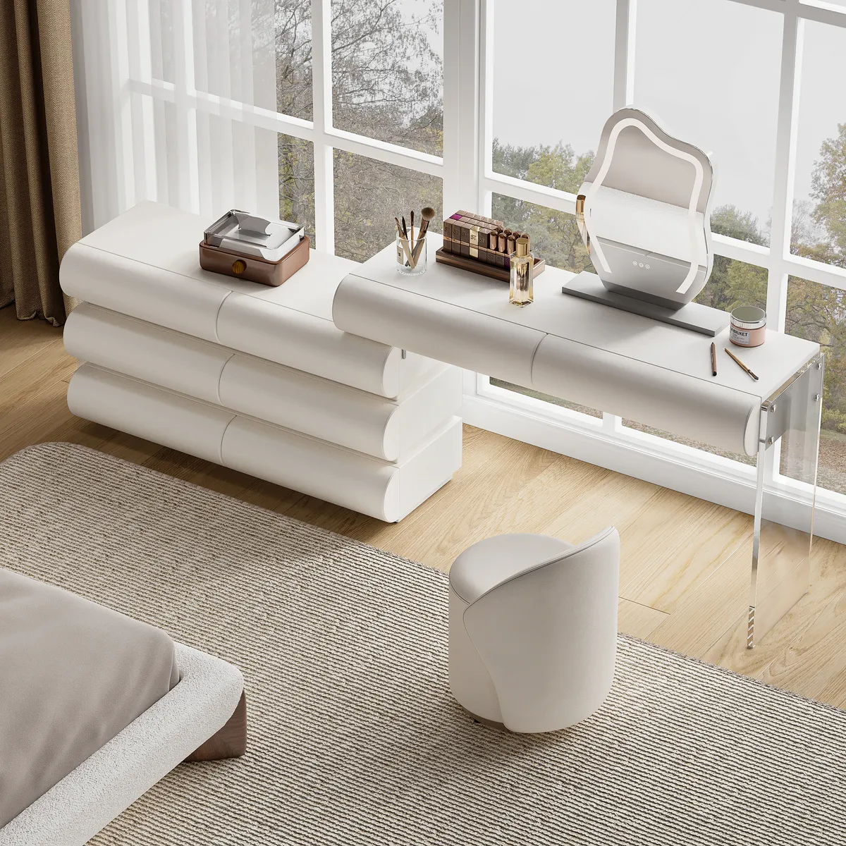 modern white PU leather dressing table set with stool and LED mirror — image 24