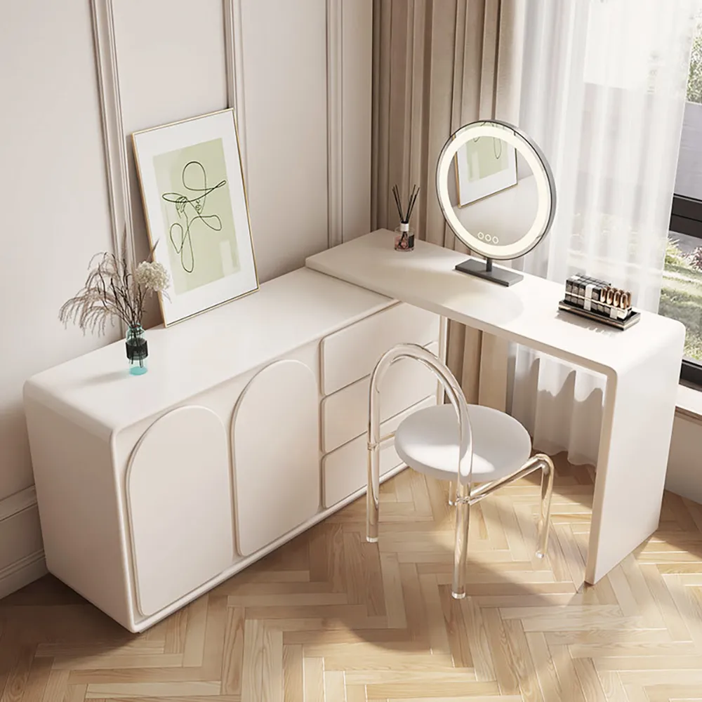 Modern White Makeup Vanity Retractable Dressing Table with Doors & Drawers Beauty Station for Bedroom — image 5