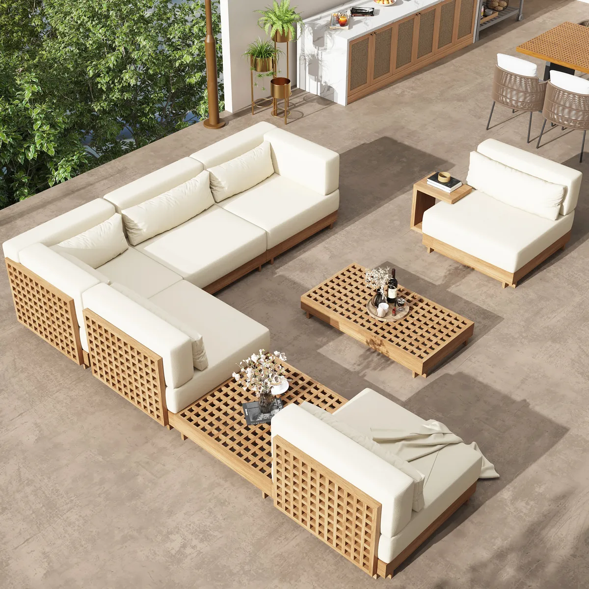 Grida 9-Piece Teak Luxury Modular L-Shaped Outdoor Patio Sectional Sofa Set in Gray with Coffee Table and Cushions