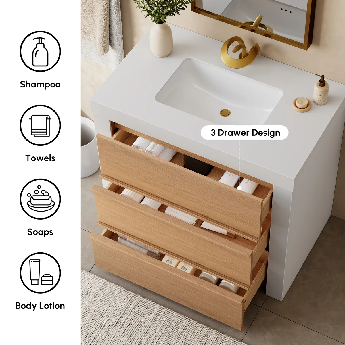 36" Single Bathroom Vanity with Ceramic Sink, Sintered Stone Top — image 8