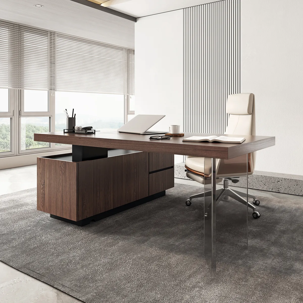 Modern 72" L-Shape Whitewash Standing Executive Desk with lifter Desktop Left Hand — image 25
