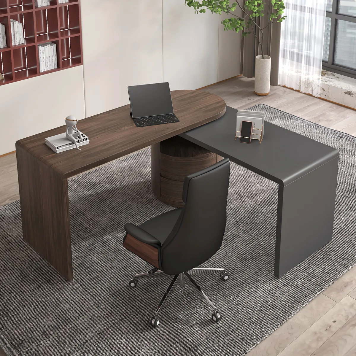 Modern 60" L-Shaped Walnut Office Desk with Drawers, Rotating Design — image 26