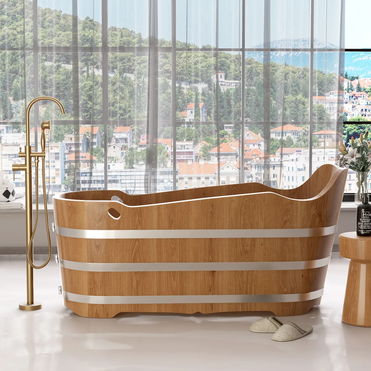 59" Japanese Oak Wood Soaking Bathtub Freestanding Modern Natural Bathtub — image 3