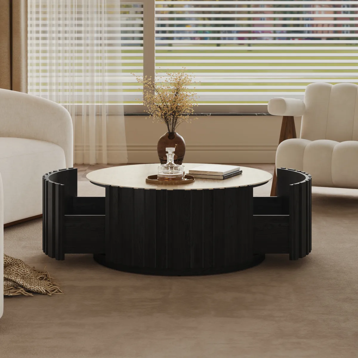Aura 35" Ash Wood Slatted Round Coffee Table with Sintered Stone Top — image 5