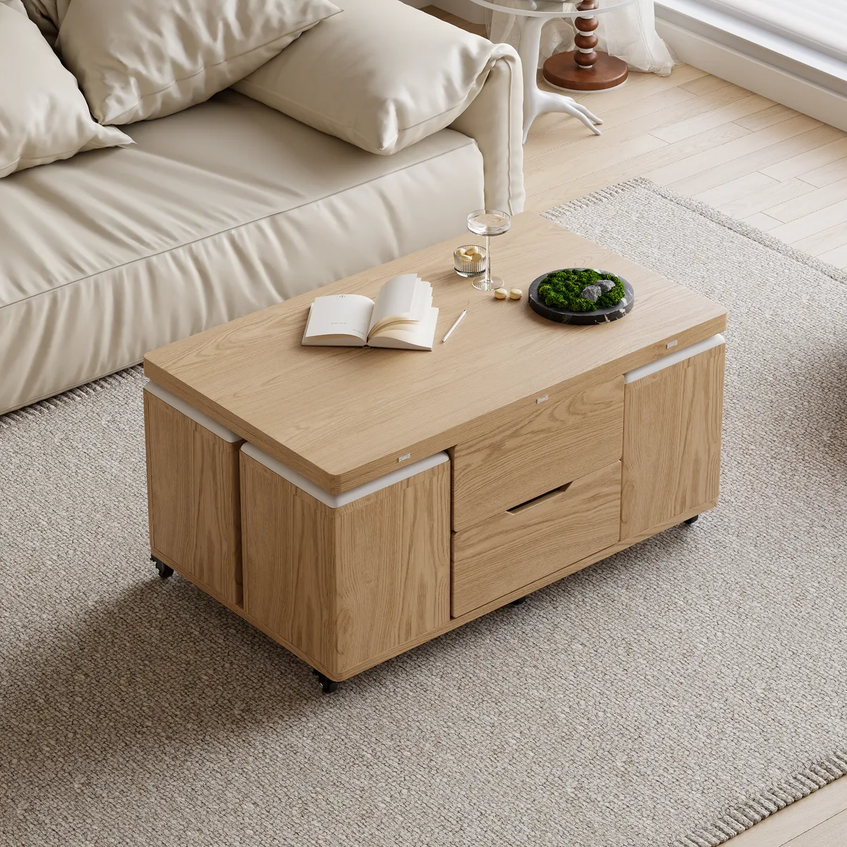 Modern Walnut Lift Top Coffee Table 4 in 1 with Storage Ottoman Foldable and Casters — image 12