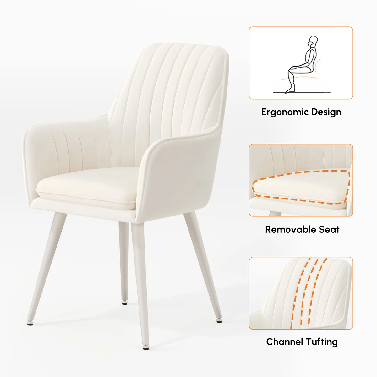 Modern Warm White Velvet Dining Chair with Cushioned Seat — image 8