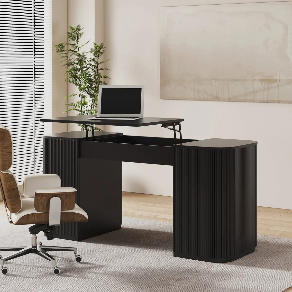 Modern 60" Black Standing Office Desk & Sliding Door Etagere Bookshelf — image 6