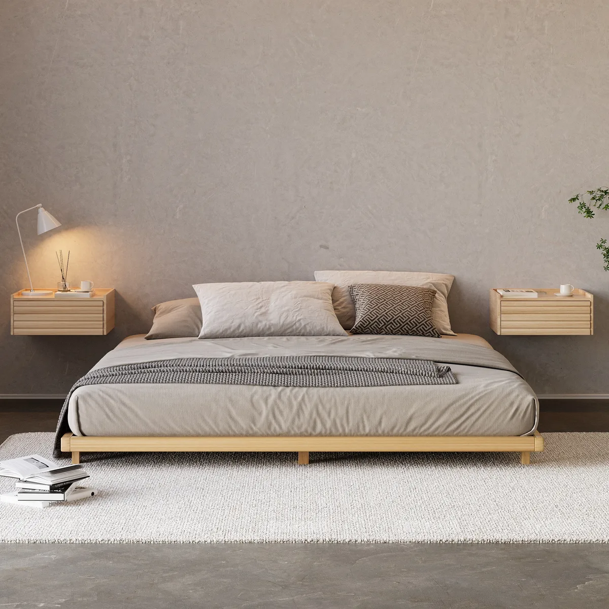 Wooden Floating Nightstand Modern Bedside Table with Charging Station Japanese Style — image 11