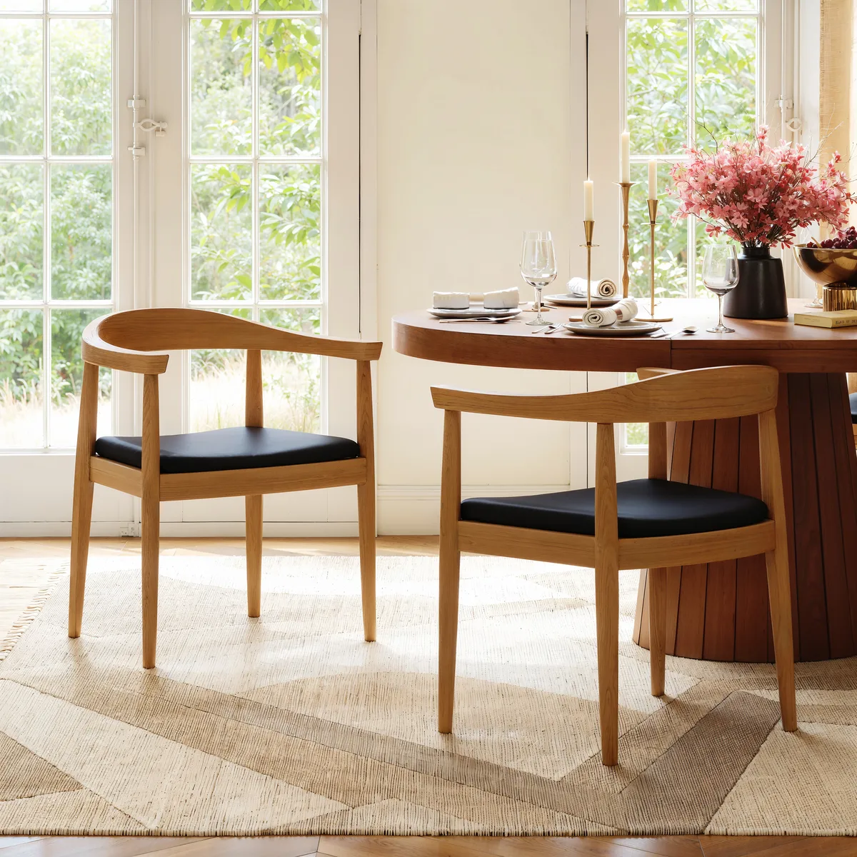 Modern Curved Back 4-Piece Dining Chair Upholstered Leather Walnut Wooden Armchair — image 3