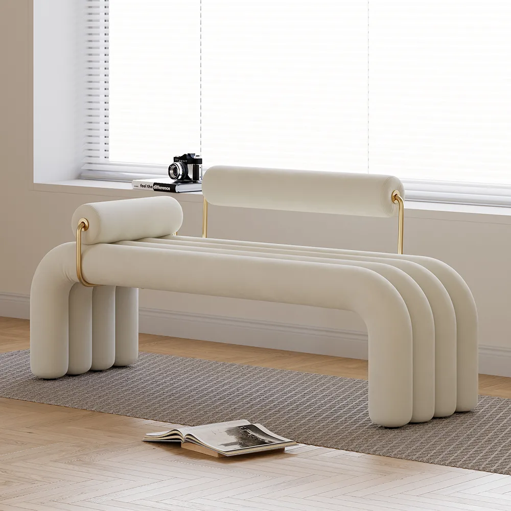 Modern White Line Tufted Bench Velvet Upholstered Entryway Bench in Gold Finish — image 4