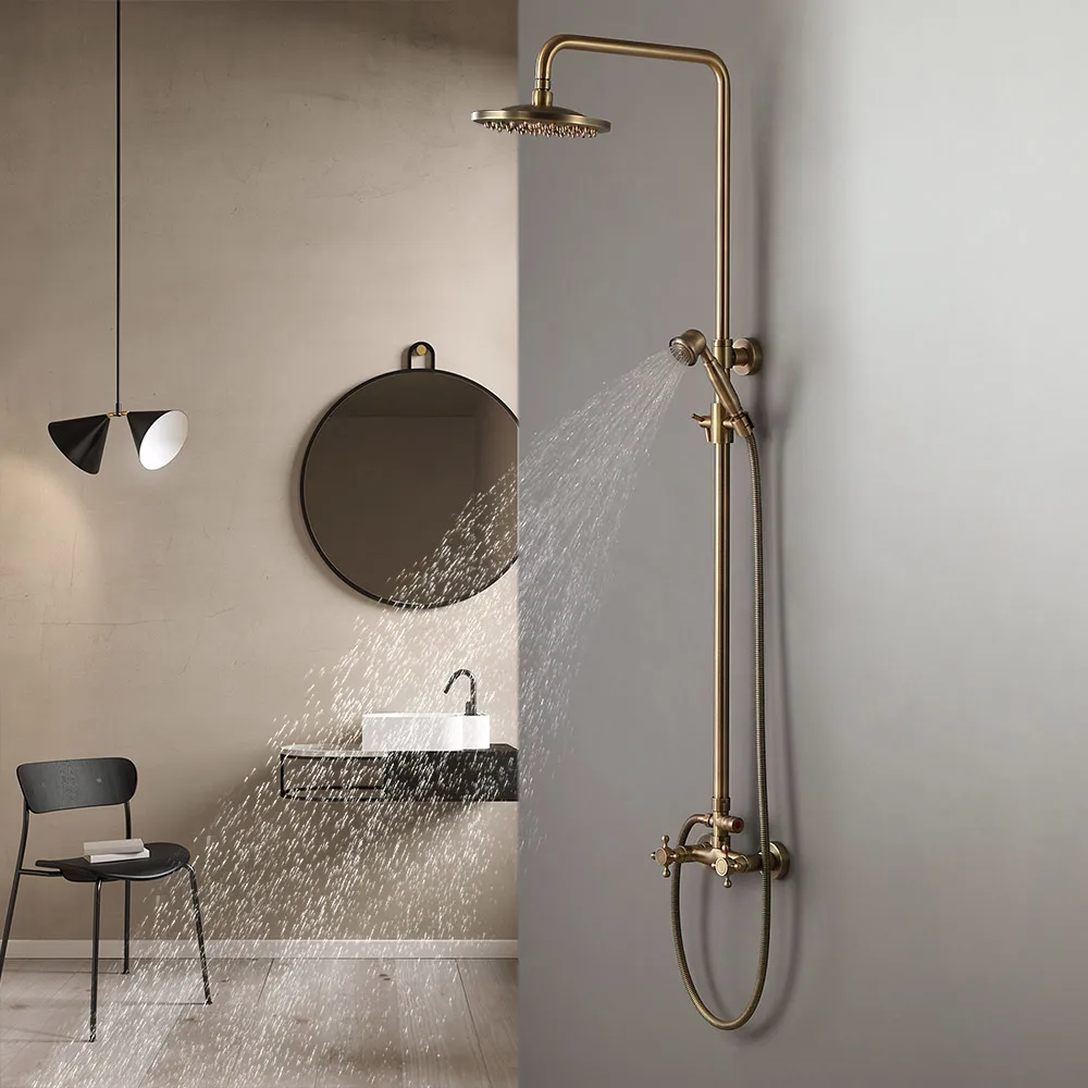 Classic Exposed Antique Brass Two Handle Round Rainshower Shower Fixture Solid — image 2