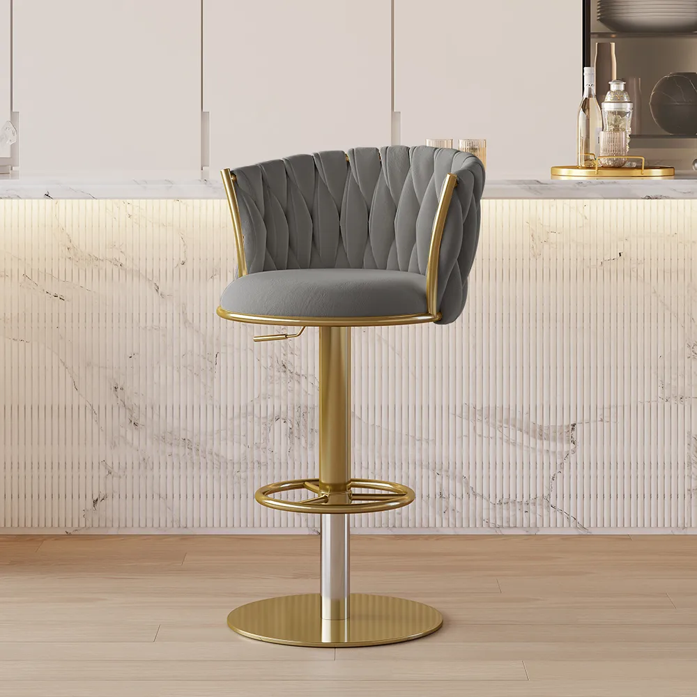 Sweave Set of 2 Gray Swivel Bar Stools Velvet Curved Back Adjustable Height — image 22