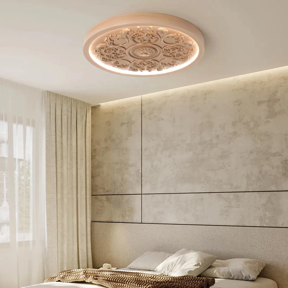 French Elegant White Resin 3D Carved LED Dimmable Flush Mount Ceiling Light — image 7