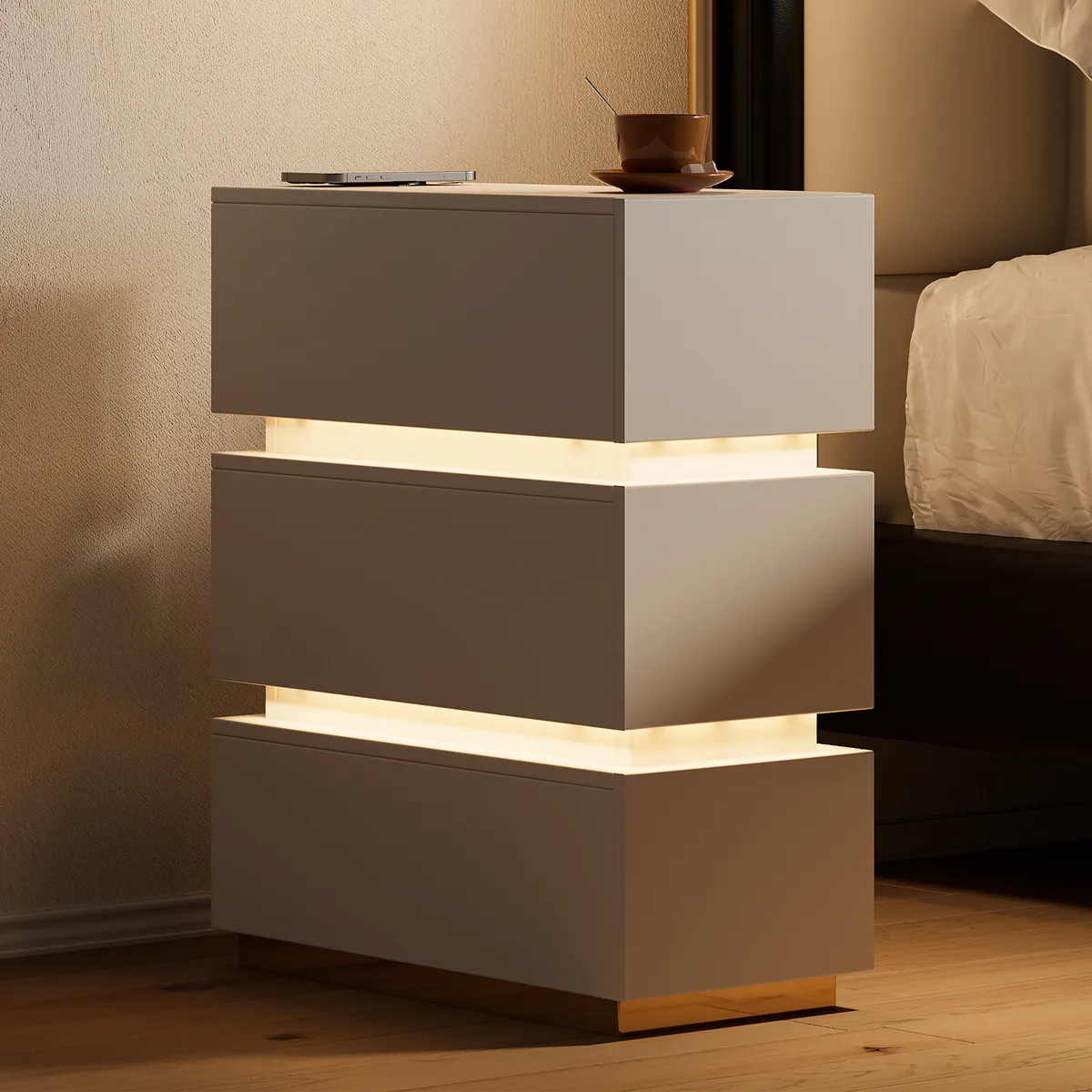 Narrow Smart 3-Drawer Nightstand with Charging Station Bedside Table with Light — image 2