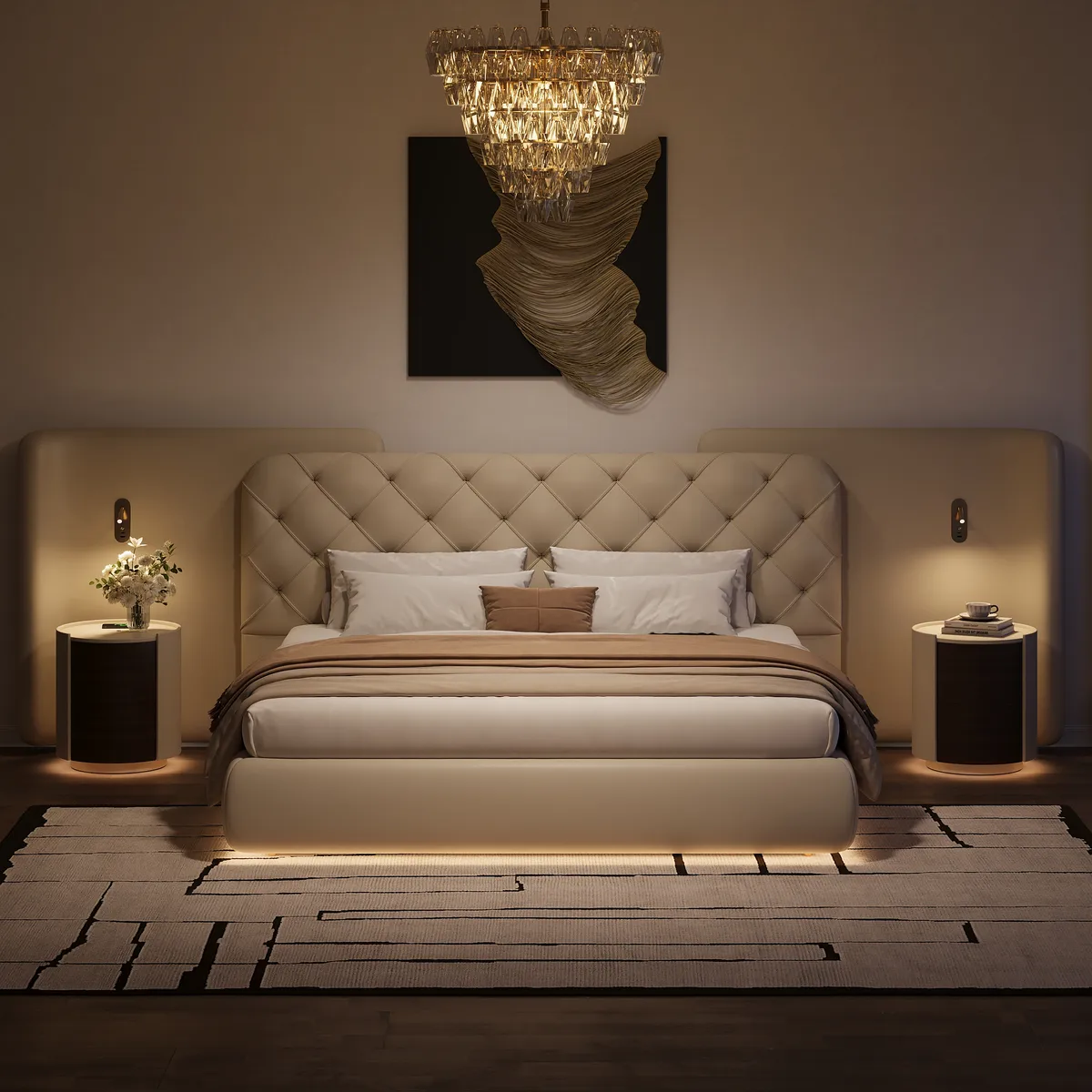 Modern King Genuine Leather Tufted Bed with Wide Charging Headboard & Light
