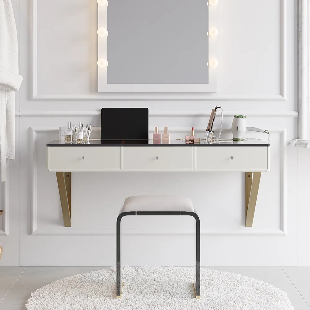 Modern Floating Makeup Vanity with Tempered Glass Top & Drawers Wall Mounted Beauty Station — image 4