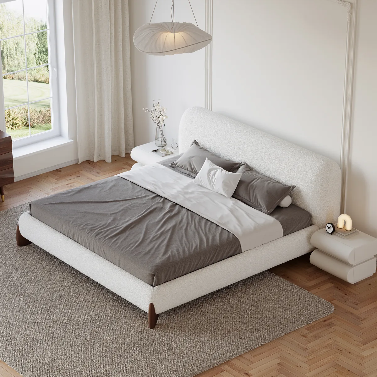 Modern White Boucle Platform Bed Queen Size Bed Frame with Upholstered Headboard — image 22
