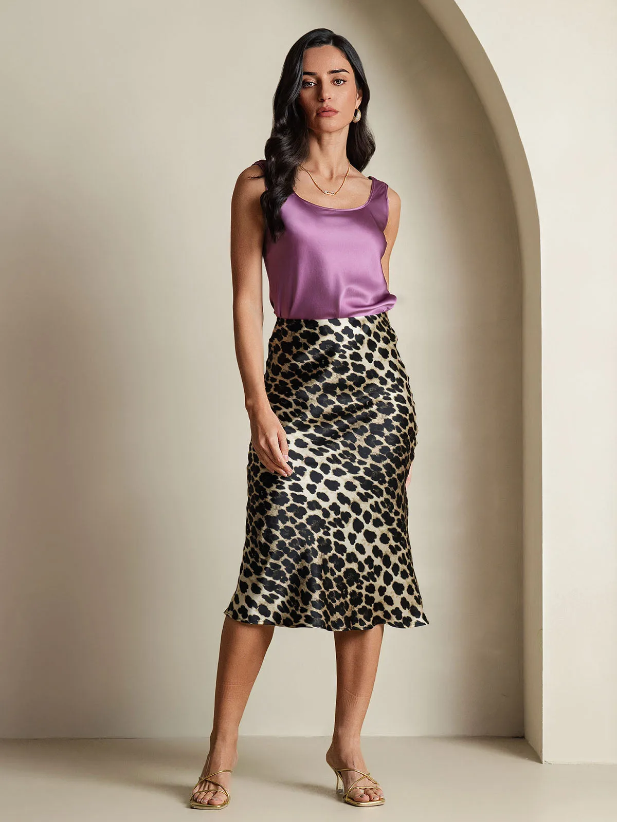 19Momme 100% Mulberry Silk Leopard Print Stretch Straight Long Skirt