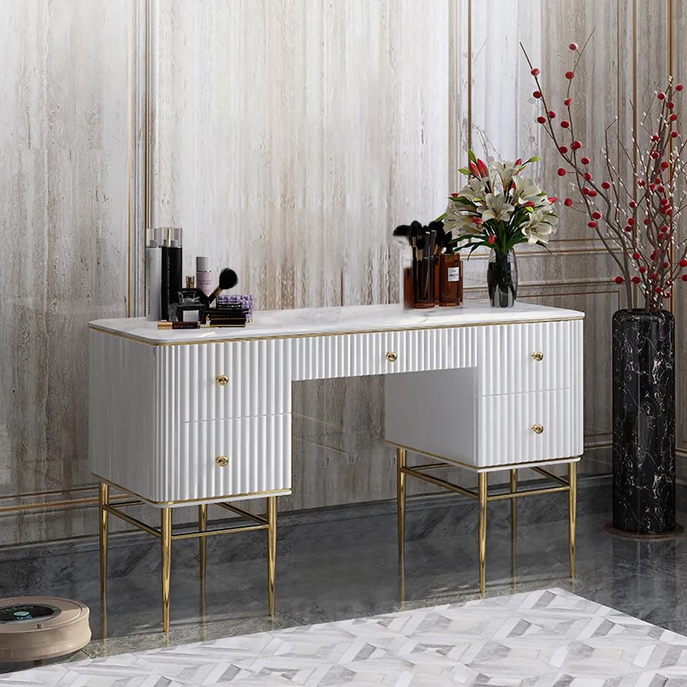 Bline White Makeup Vanity Table Marble Dressing Table with Drawers Gold Stainless Steel — image 2