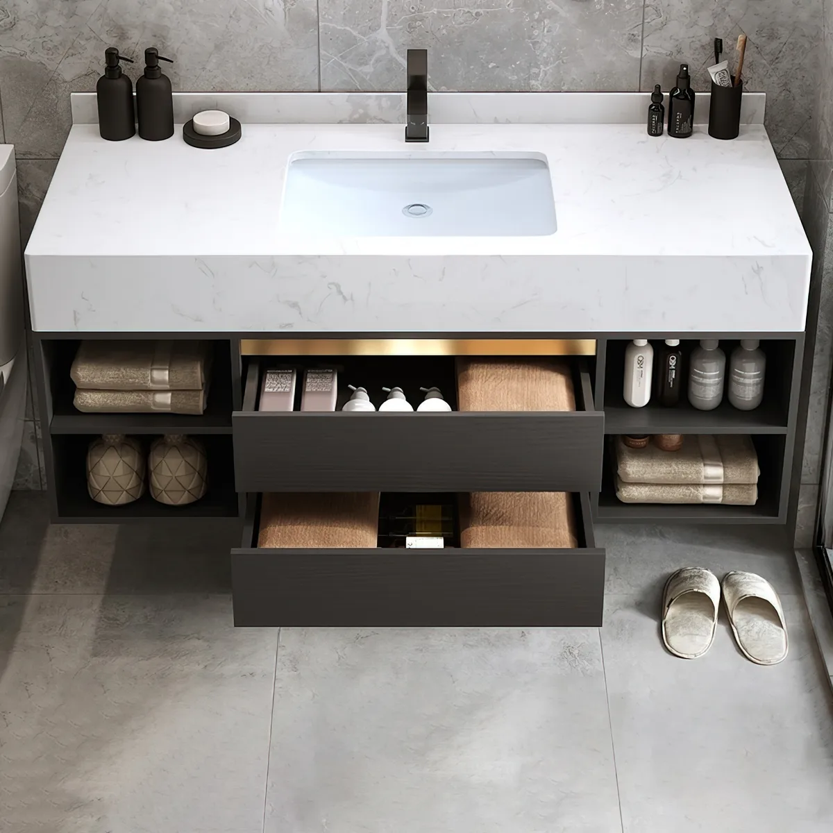 39.4" Floating Bathroom Vanity Set Cultured Marble Black with Ceramic Sink & 2 Drawers — image 3