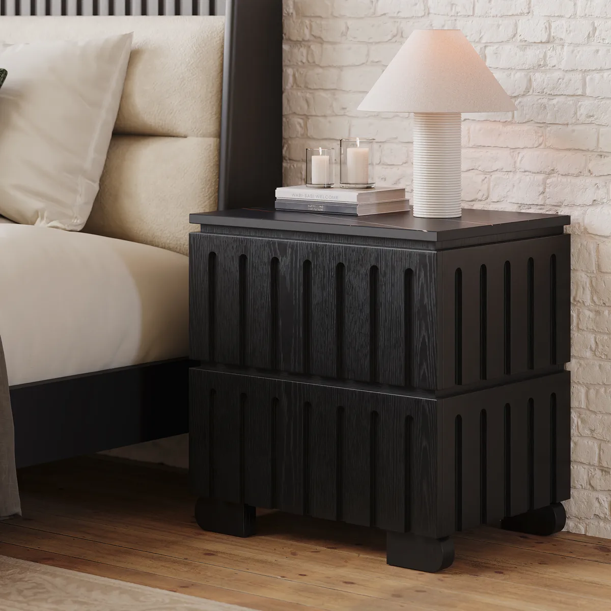 Modern Solid Wood King Upholstered Bed & 2 Drawer Ash Wood Nightstand Set with with Faux Travertine Top — image 14