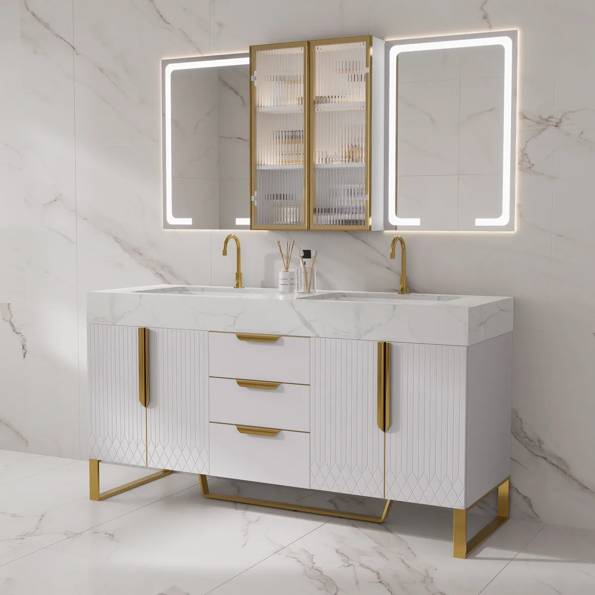 59" Double Sink Floating Vanity Set with LED Medicine Cabinet with Storage — image 14