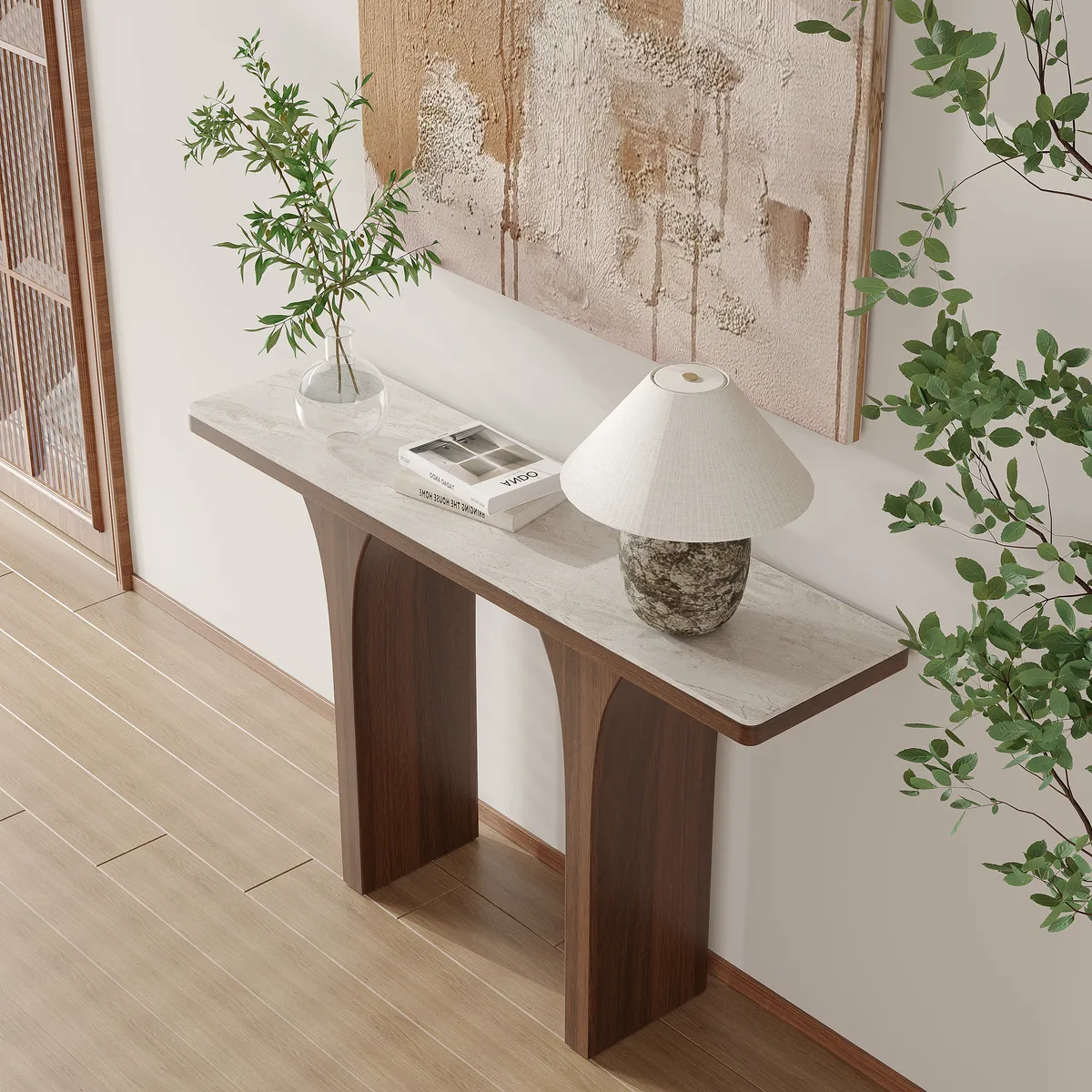 Travertine Veneer Top Console Table Entryway Furniture in Walnut (55" Wide) — image 2