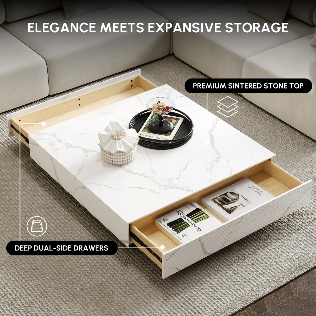 39" Square Sintered Stone Block Coffee Table With Wood Base — image 6