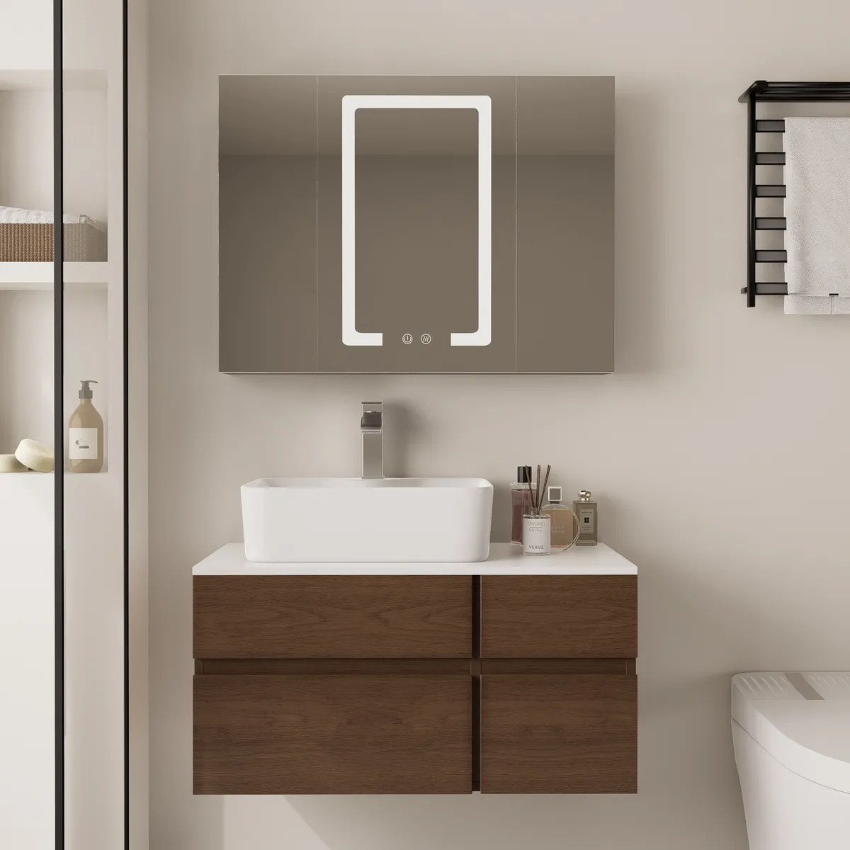 31.5" Walnut Floating Bathroom Vanity Left Offset Ceramic Vessel Sink — image 24