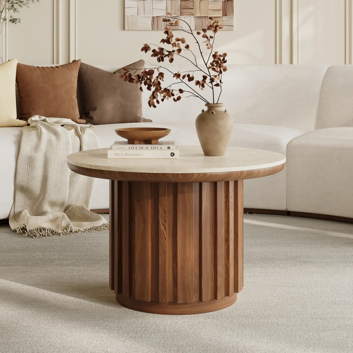 Aura Ash Wood Slatted Round Coffee Table with Sintered Stone Top — image 14