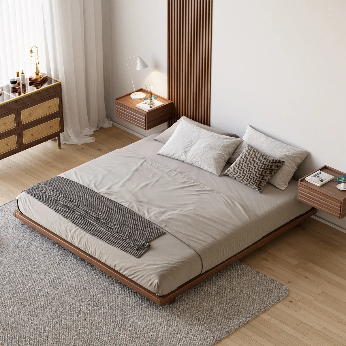 Wooden Floating Nightstand Modern Bedside Table with Charging Station Japanese Style — image 23