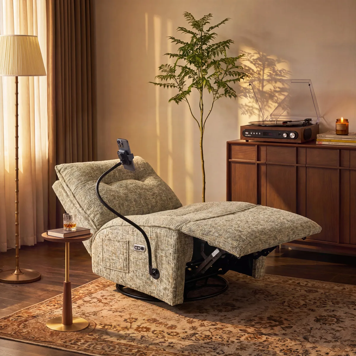 Performance Linen Power Swivel Rocker Recliner Accent Chair with Phone Holder — image 13