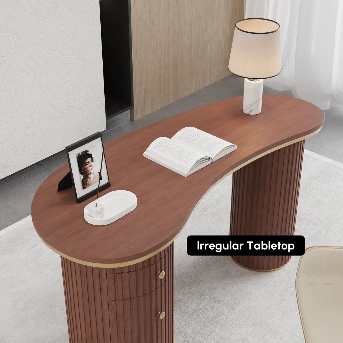 55.1" Modern Black Curved Desk 3-Drawer Wooden Home Office Desk Double Pedestal — image 29