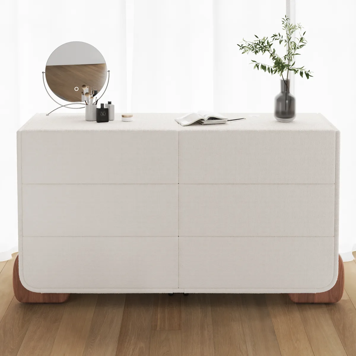 Modern White Boucle Platform Bed King Size Bed Frame & 2-Drawer Smart Boucle Nightstand — image 3