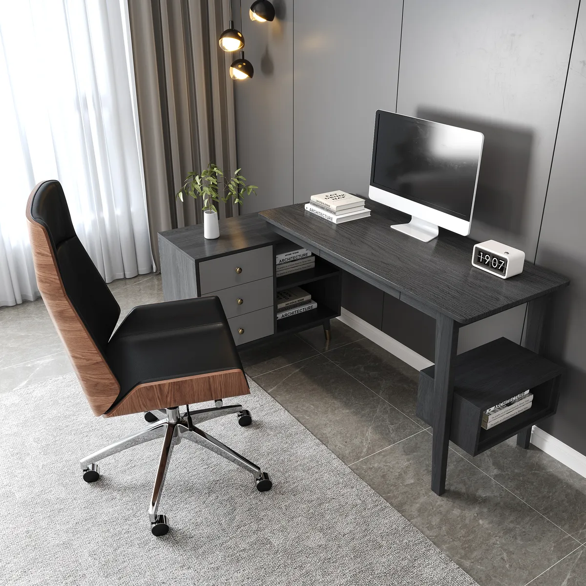 Ultic Gray Reversible L-Shaped Desk & Faux Leather Office Chair Set with Wheels — image 2