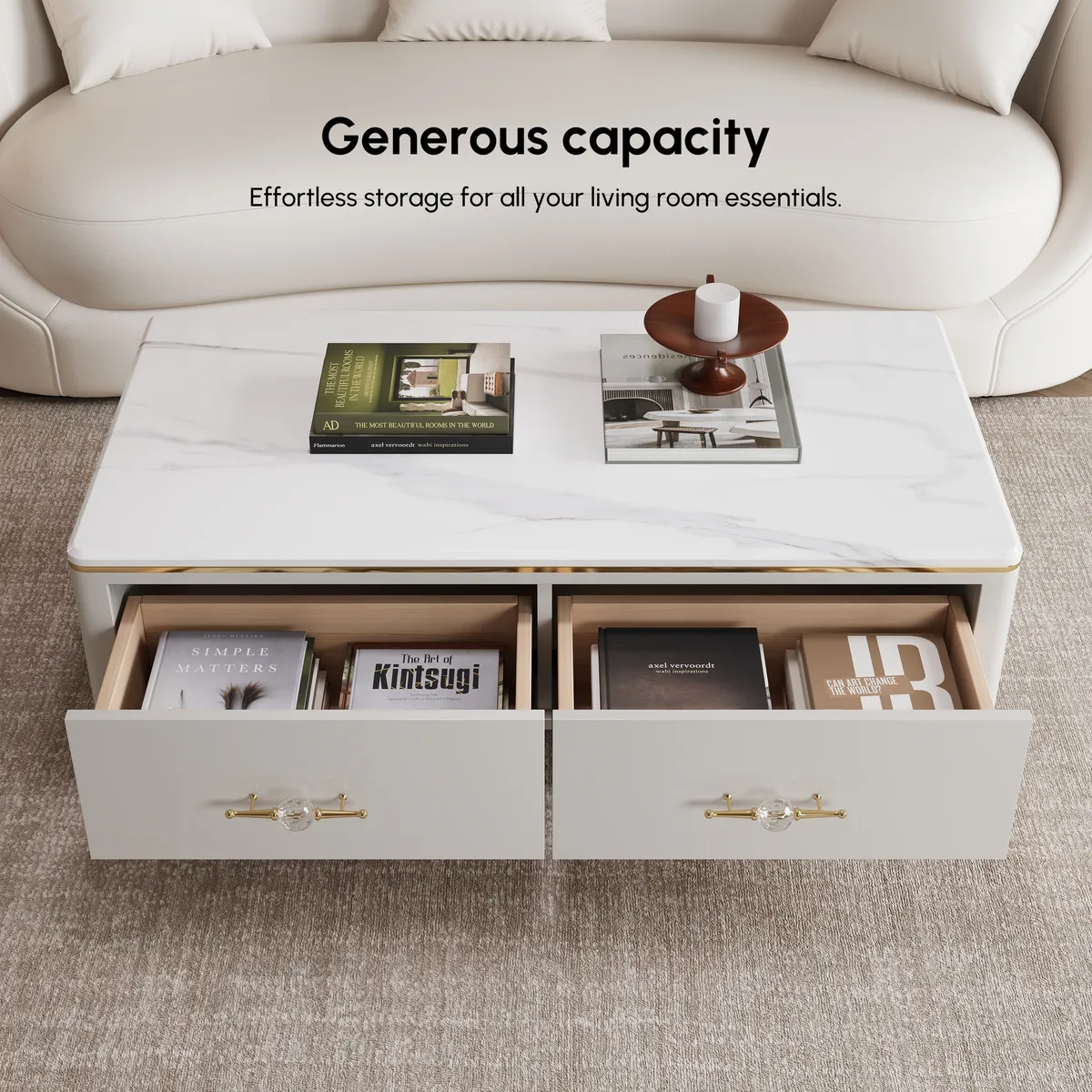 Chift 51.2" Modern Marble Coffee Table & Storage Drawers Gold Stainless Steel Legs — image 5
