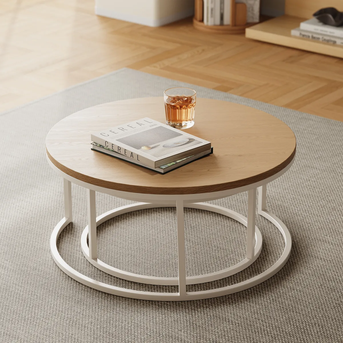 Fero Round Nesting Coffee Table Set of 2, Light Oak Top & White Metal Frame, Modern Scandinavian Style, for Living Spaces, (800mm-600mm) — image 9