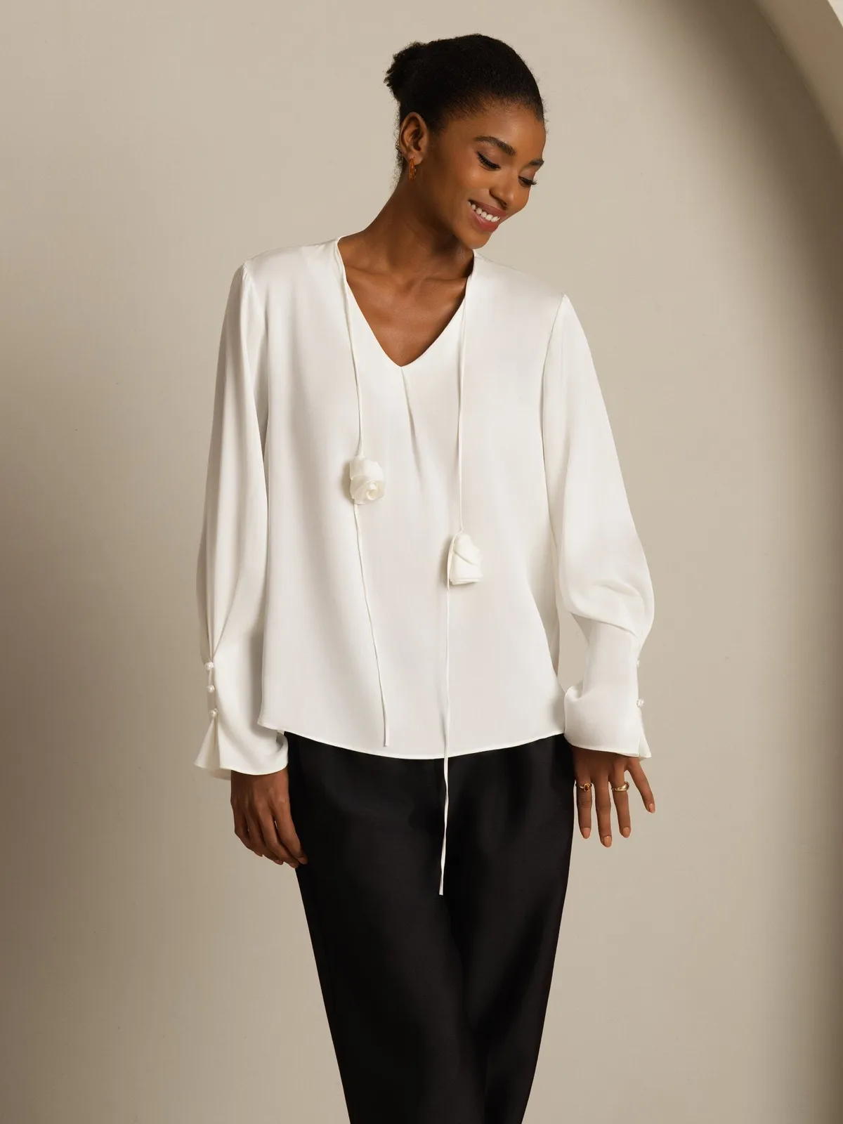 19Momme Silk Women's V Neck Long Sleeve Blouse With 3D Rose Detail — image 5