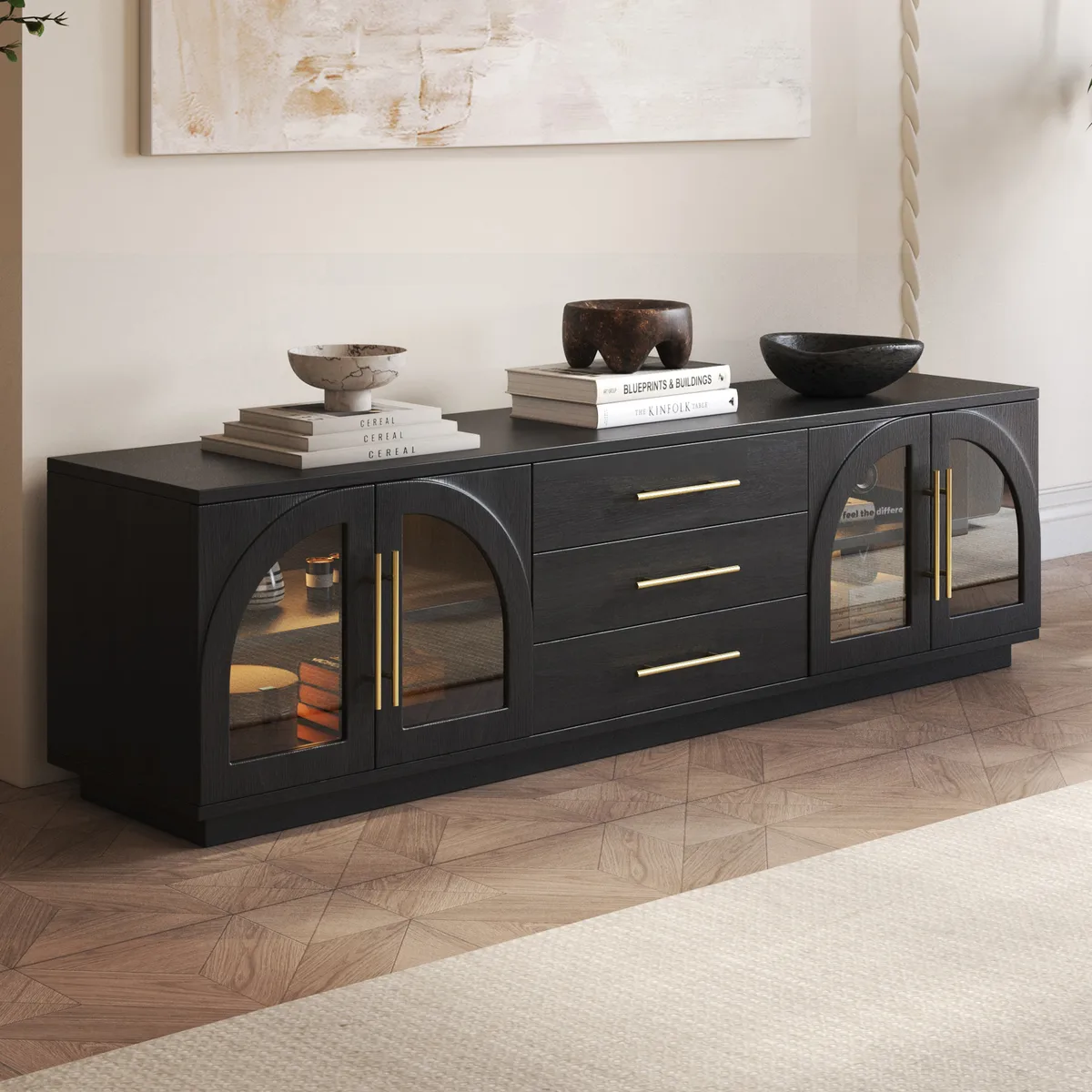 Arune 72" Arched Glass Doors Smoked Brown TV Stand with Storage and LED — image 22