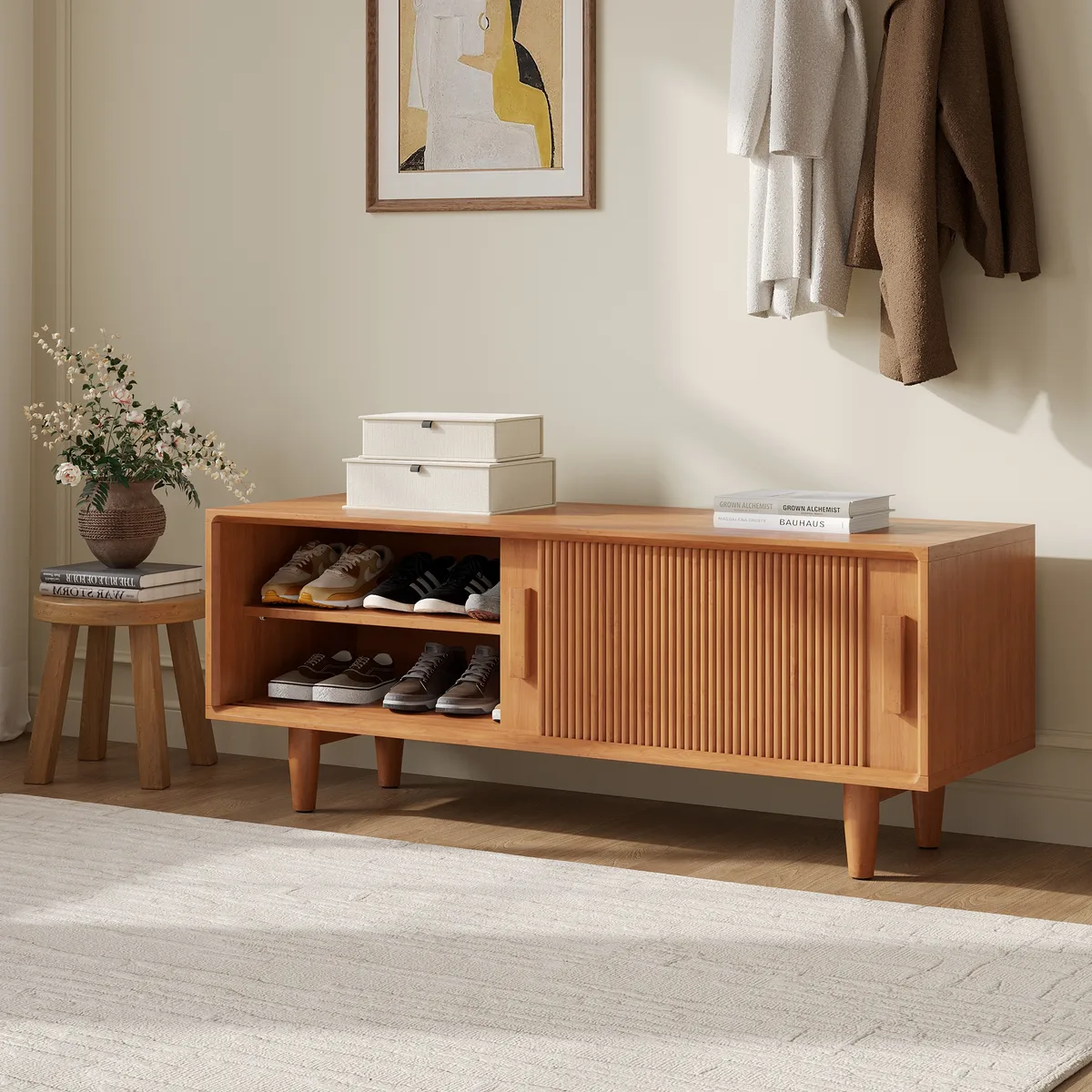 47.2" Solid Rubberwood Natural Entryway Bench with Storage — image 11