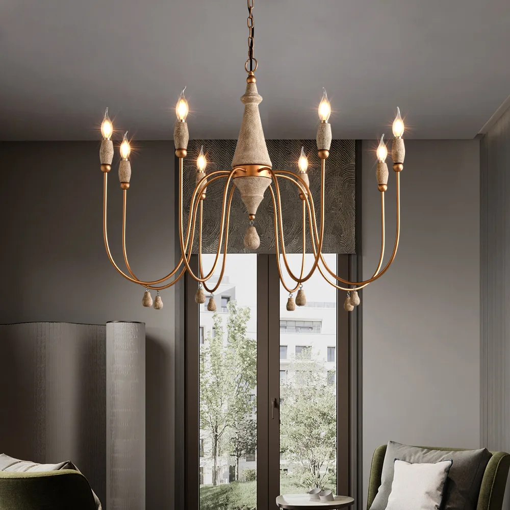 Mid-Century 8-Light Candle-Style Chandelier with Gold Ovated Wood Farmhouse Modern Pendant Light