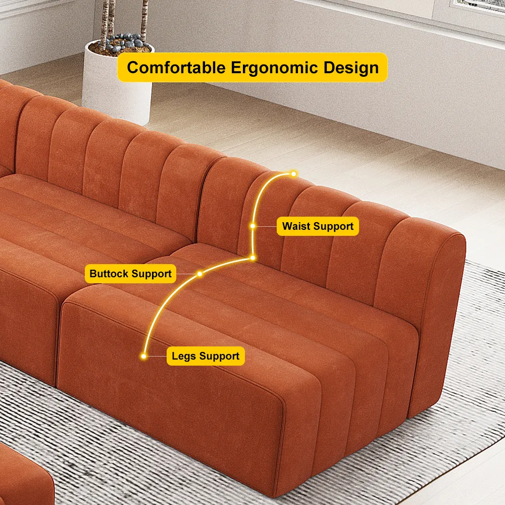 118.9" Velvet Convertible Modular Sectional Sofa Orange Upholstered 6-Seater Sofa Set — image 9