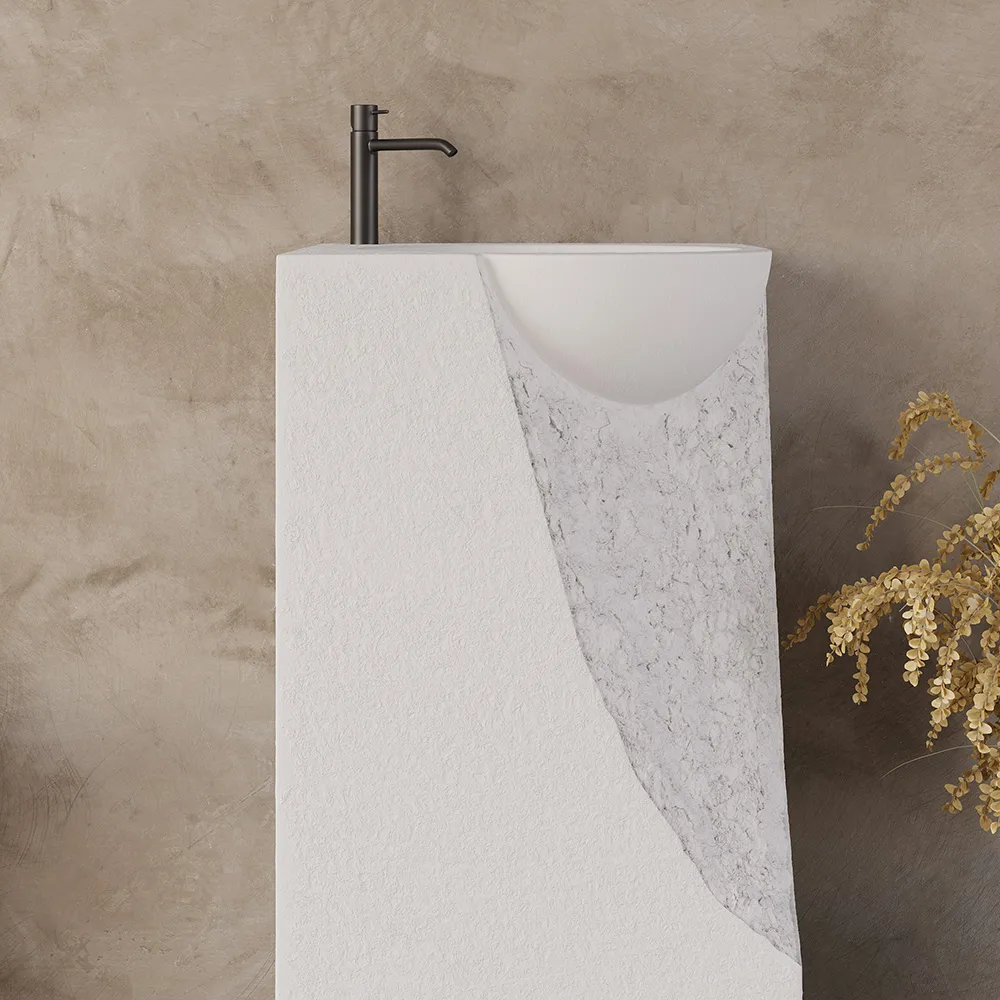 34" Japandi Tall Stone Resin Pedestal Sink with Rounded Basin Freestanding — image 7