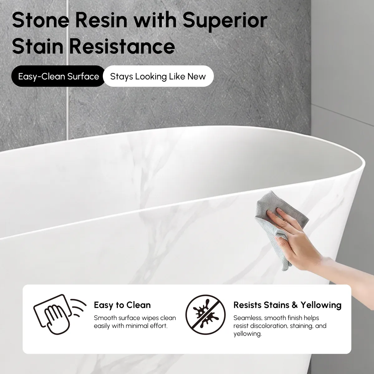 47" Japanese Irregular Freestanding Stone Resin Soaking Bathtub, Marble Look — image 19