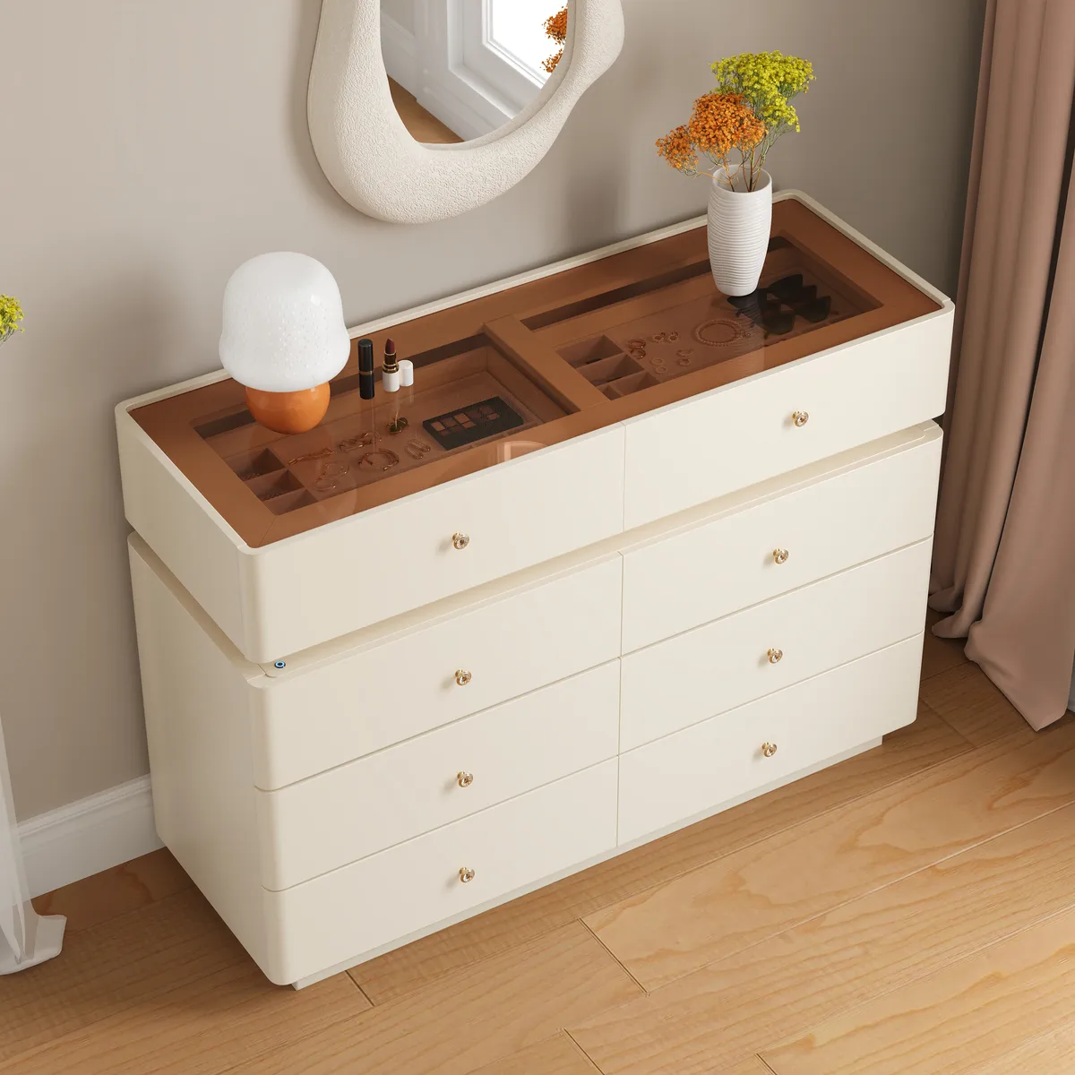 47" Glass Top Walk-in Closet Island 8-Drawer Dresser with Light — image 3